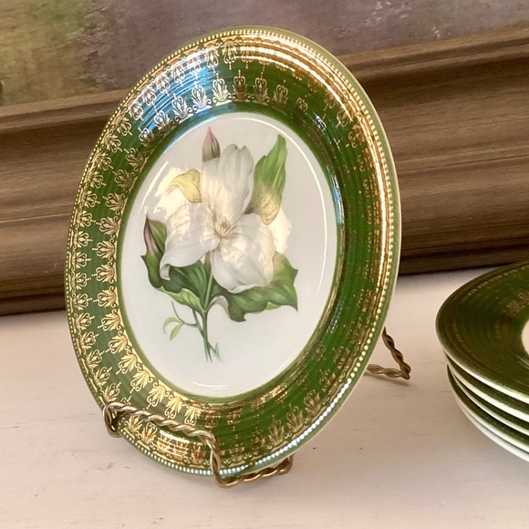 6 bread plates American Limoges L'Triomphe Trillium Forest Green Dinnerware 22K - Picture 6 of 10